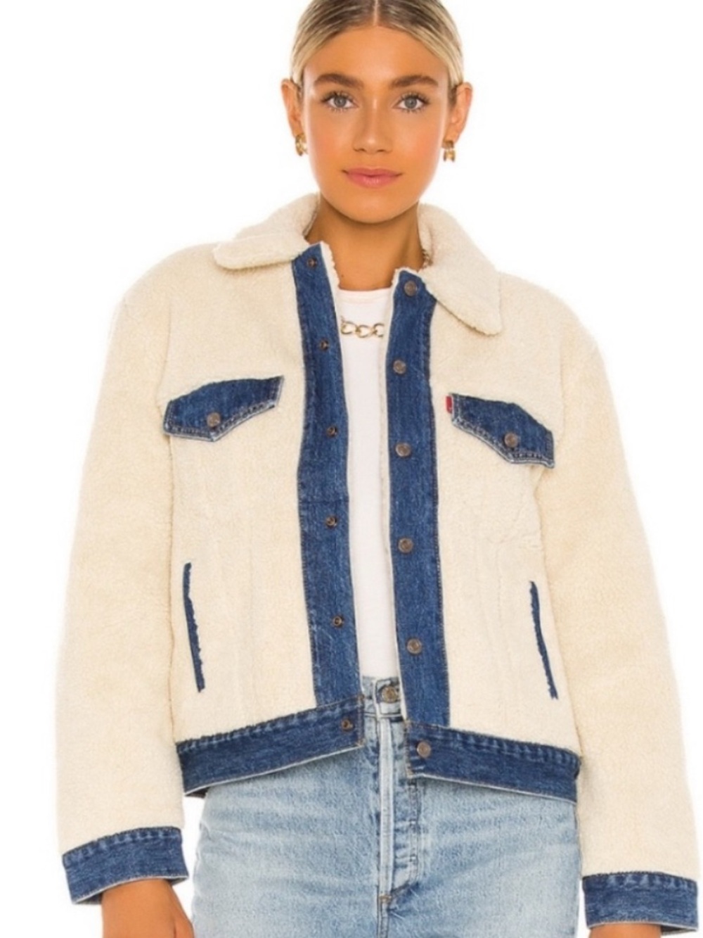 Levi’s Premium Ex-Boyfriend Pieced Cream Sherpa and Denim Trucker Jacket